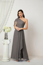 Baoleely  Chiffon Ruffled One Shoulder Long Bridesmaid Dresses A-line Formal Evening Gown Side Split 2809