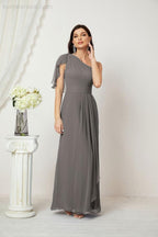 Baoleely  Chiffon Ruffled One Shoulder Long Bridesmaid Dresses A-line Formal Evening Gown Side Split 2809