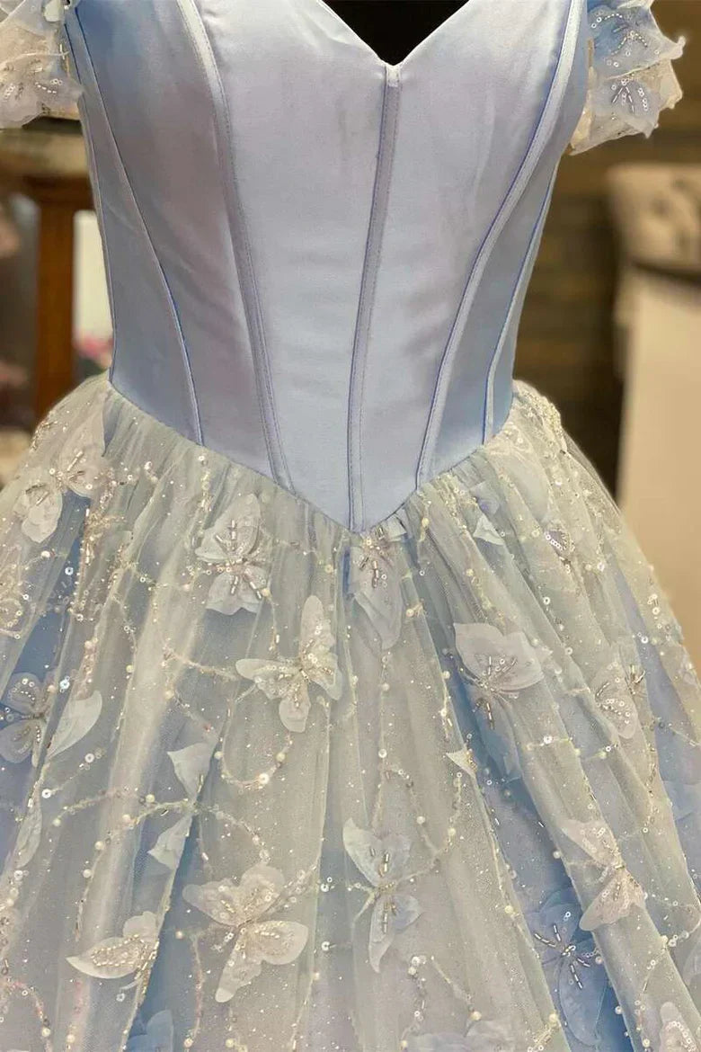 Vestido de graduación de satén y encaje con hombros descubiertos