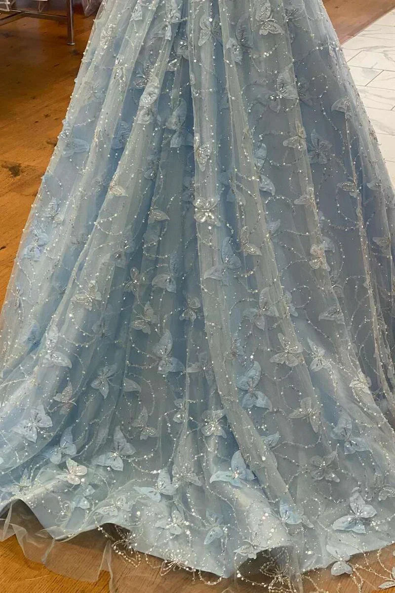 Vestido de graduación de satén y encaje con hombros descubiertos