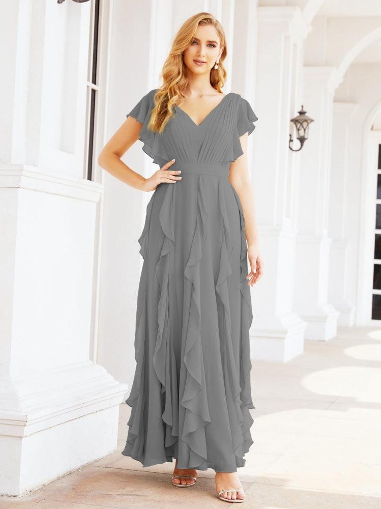 Ruffled Bridesmaid Dresses with Sleeves Long Formal Party Dress 28041