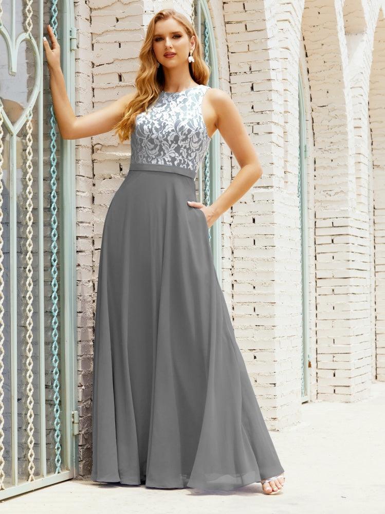 Vestido de dama de honor de encaje, largo hasta el suelo, con bolsillos, 28017 