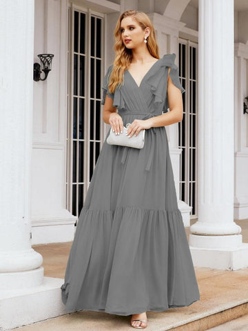 Vestido de fiesta formal de noche con espalda descubierta para mujer Baoleely, escote en V, largo, de gasa, con cinturón a la cintura 28038