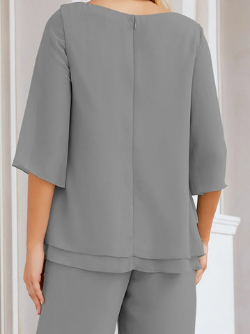 Elegante conjunto de pantalón y bata plateada de dos piezas para la madre de la novia, talla grande, con volantes, Sunderly Elegant SY28064