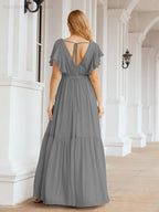 Baoleely Women's Open Back Formal Evening Party Prom Gowns V-Neck Long Chiffon Bridesmaid Dresses with Waist Belt 28038