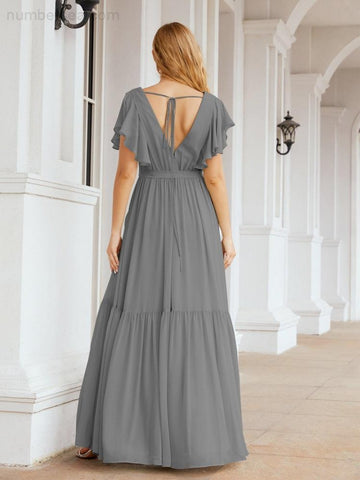 Vestido de fiesta formal de noche con espalda descubierta para mujer Baoleely, escote en V, largo, de gasa, con cinturón a la cintura 28038