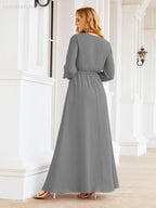 Vestido de dama de honor de gasa para mujer Sunderly, corte en A, manga larga, vestido de noche formal para invitada de boda SY28032 
