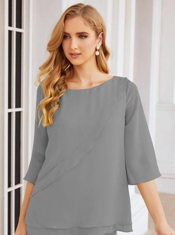 Elegante conjunto de pantalón y bata plateada de dos piezas para la madre de la novia, talla grande, con volantes, Sunderly Elegant SY28064