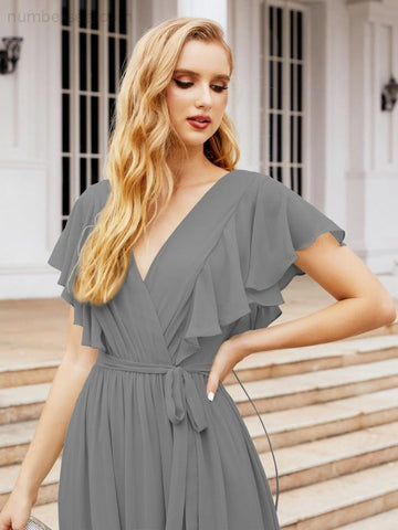 Vestido de fiesta formal de noche con espalda descubierta para mujer Baoleely, escote en V, largo, de gasa, con cinturón a la cintura 28038