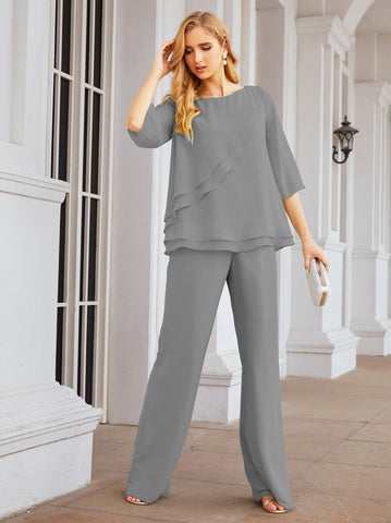 Elegante conjunto de pantalón y bata plateada de dos piezas para la madre de la novia, talla grande, con volantes, Sunderly Elegant SY28064