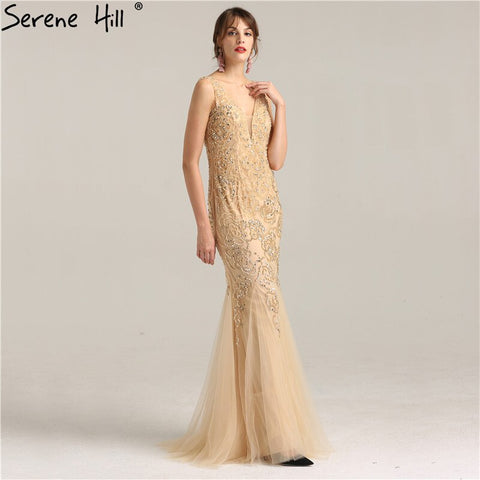 On Sale No Return No Refund Sale  Deep-V Luxury Sexy Mermaid Evening Gowns Crystal Beading Elegant Fashion Tulle Evening Dresses Real Photo LA6249