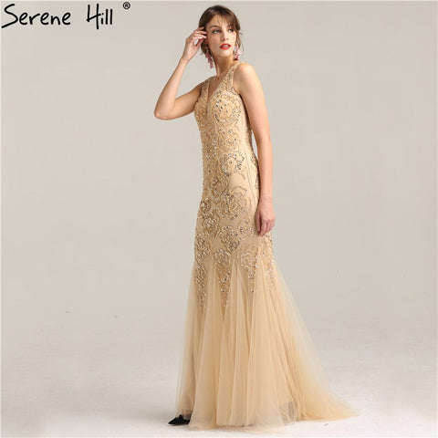 On Sale No Return No Refund Sale  Deep-V Luxury Sexy Mermaid Evening Gowns Crystal Beading Elegant Fashion Tulle Evening Dresses Real Photo LA6249