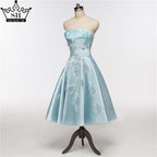On Sale No Return No Refund Newest Short Evening Dresses Strapless Sexy Applique Satin Formal Evening Party HA2076