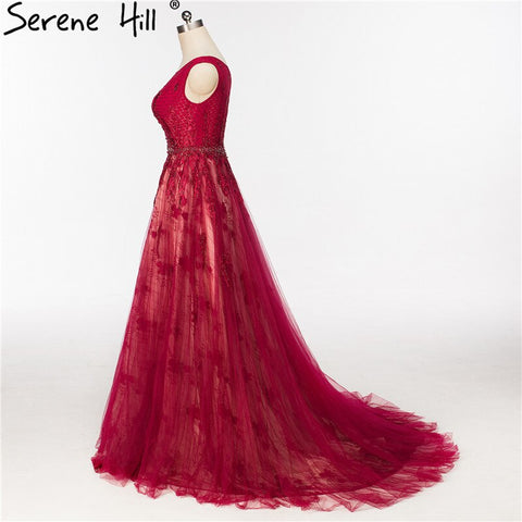 On Sale No Return No Refund Wine Red Crystal Tulle Evening Dresses Newest Sleeveless Bride Dress Formal Evening Party Robe De Soiree HA2082