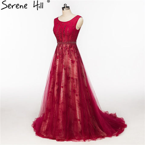 On Sale No Return No Refund Wine Red Crystal Tulle Evening Dresses Newest Sleeveless Bride Dress Formal Evening Party Robe De Soiree HA2082