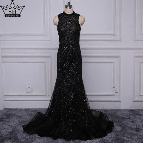 On Sale no return no refund Sale Black High Neck Sexy Tulle Evening Dresses Sleeveless High-end Mermaid Fashion Formal Evening Party Real Photo LA6190
