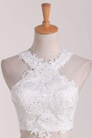 Two-Piece Scoop Homecoming Dresses A Line Satin With Applique PD411