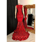 Vestido de fiesta de noche sin mangas con lentejuelas de sirena glamuroso y dramático