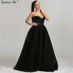 2025 schwarz Schatz Sexy Tüll Prom Kleider Neueste Diamant Perlen Off Schulter Mode Abendkleider LA6347