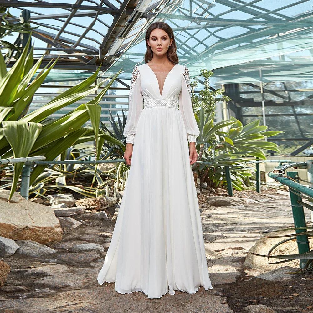 Vestido de novia personalizado con escote en V, mangas largas, fajas de encaje, corte A, gasa, espalda con cordones, vestido de novia de playa 