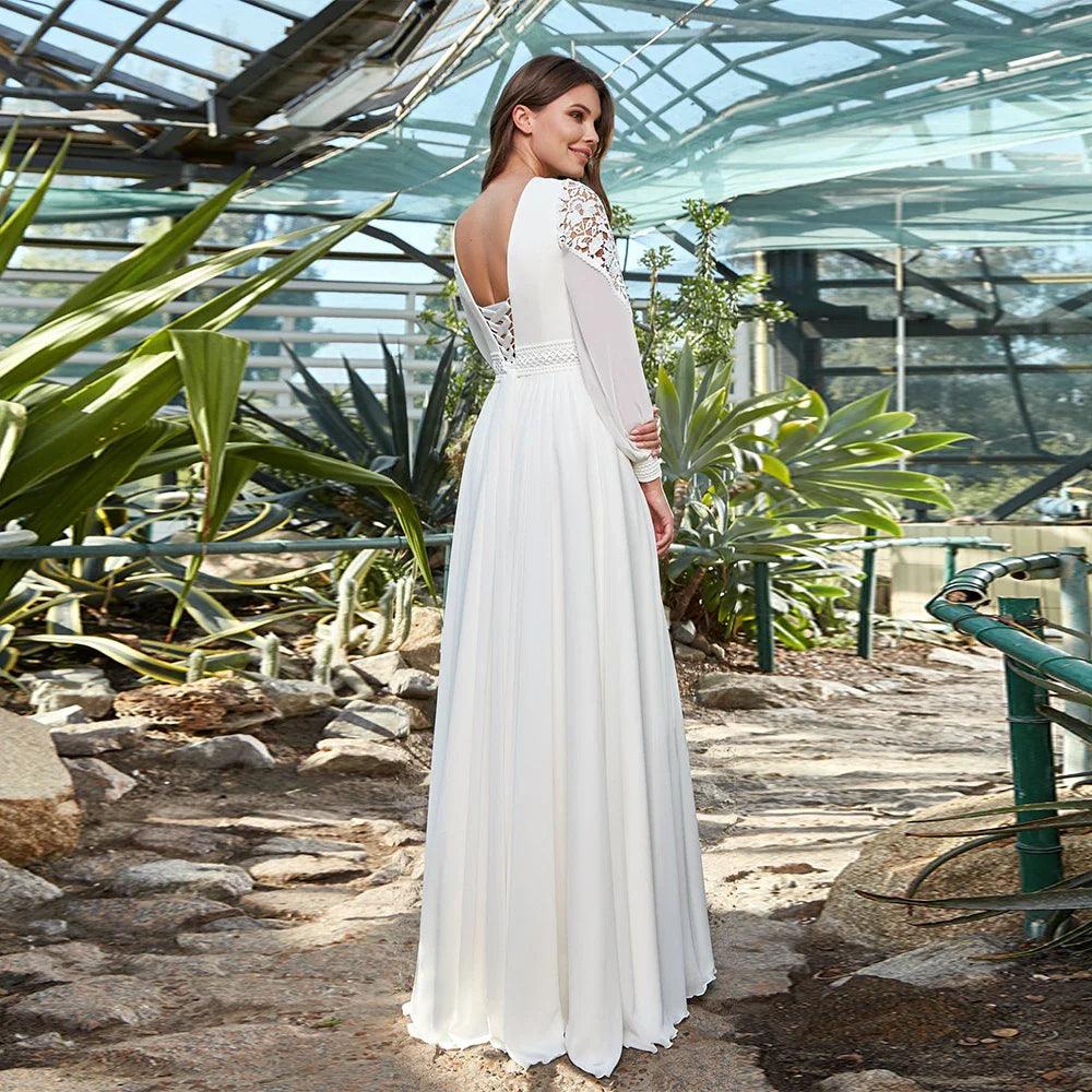 Vestido de novia personalizado con escote en V, mangas largas, fajas de encaje, corte A, gasa, espalda con cordones, vestido de novia de playa 