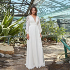 Vestido de novia personalizado con escote en V, mangas largas, fajas de encaje, corte A, gasa, espalda con cordones, vestido de novia de playa 