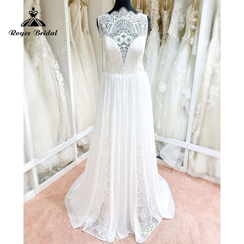 Robe Mariage une ligne col festonné Robe de mariée dentelle mousseline de soie sans manches Illusion bohème robes de mariée robe de soirée Mariage