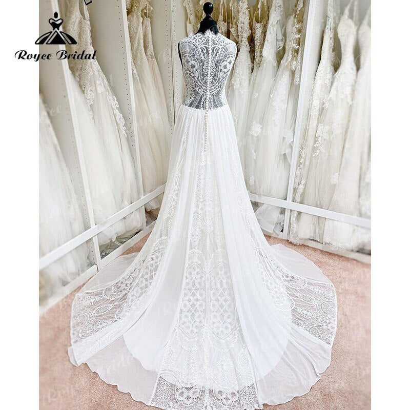 Robe Mariage une ligne col festonné Robe de mariée dentelle mousseline de soie sans manches Illusion bohème robes de mariée robe de soirée Mariage