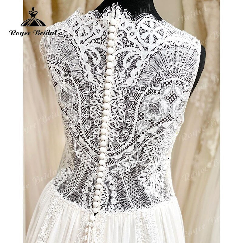 Robe Mariage une ligne col festonné Robe de mariée dentelle mousseline de soie sans manches Illusion bohème robes de mariée robe de soirée Mariage
