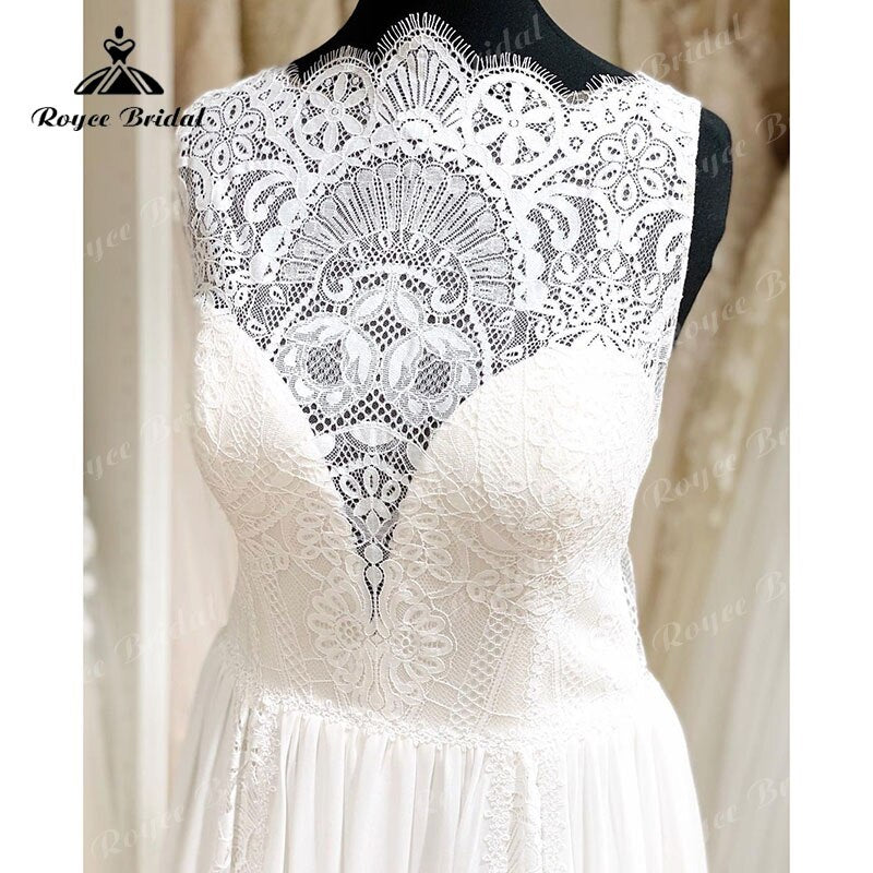 Robe Mariage une ligne col festonné Robe de mariée dentelle mousseline de soie sans manches Illusion bohème robes de mariée robe de soirée Mariage