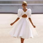 Vestidos de novia de satén con mangas cortas abullonadas y cuello redondo, sencillos y lisos, corte A 