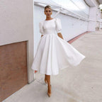 Vestidos de novia de satén con mangas cortas abullonadas y cuello redondo, sencillos y lisos, corte A 