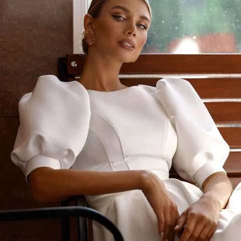 Vestidos de novia de satén con mangas cortas abullonadas y cuello redondo, sencillos y lisos, corte A 