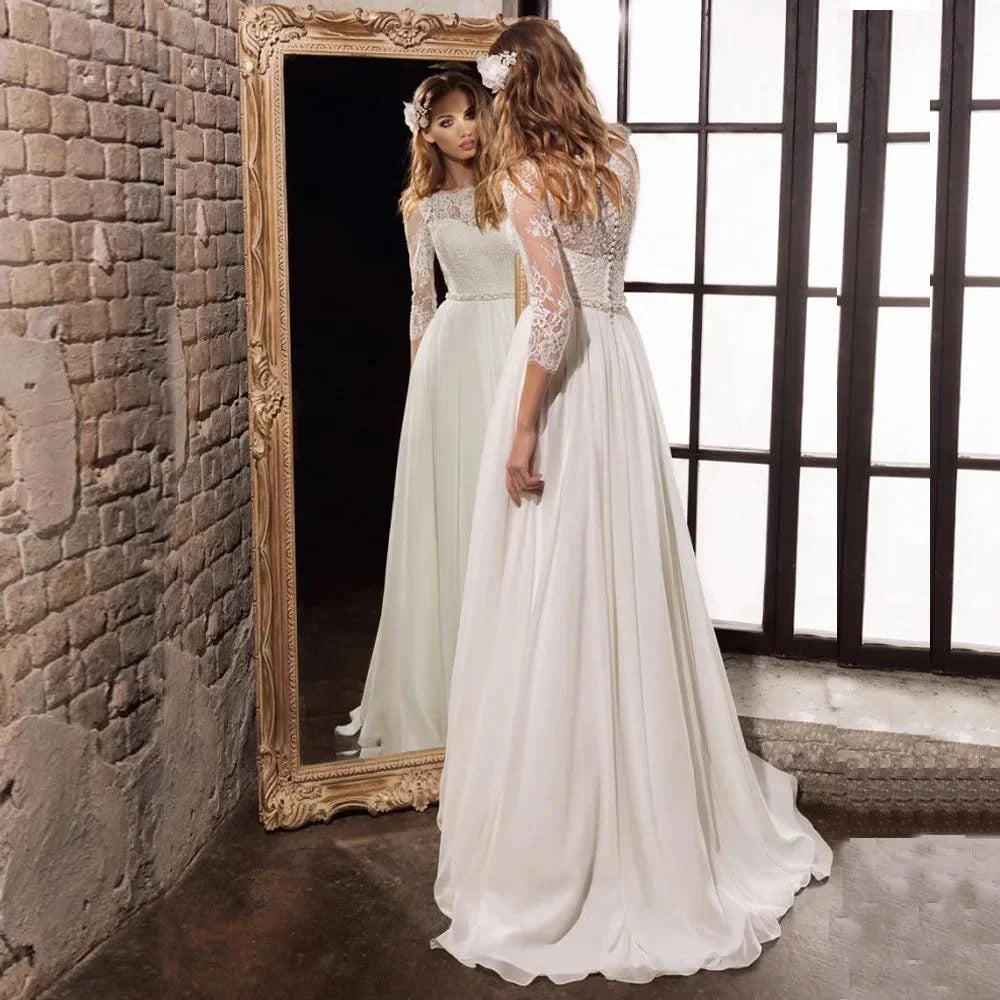 Vestidos de novia con mangas tres cuartos, parte superior de encaje, vestidos de gasa con fajas de cuentas 