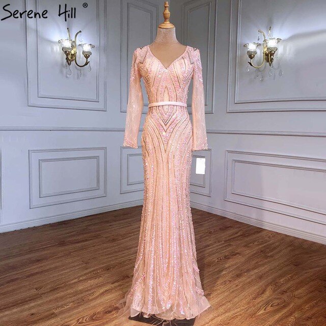 On Sale No Return No Refund Sale Long Sleeves Luxury Sparkly Tulle Evening Dresses Mermaid Beading LA6396