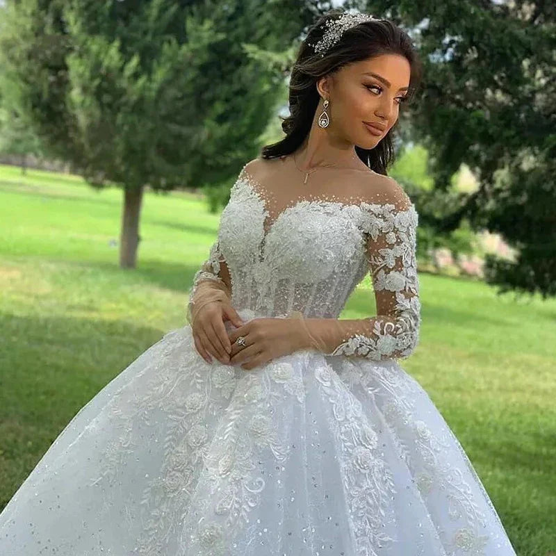 Vestido de novia musulmán de lujo 2025, elegante, de manga larga, con apliques de encaje, corte en A, ideal para bodas en la playa, fiestas de princesas, cuello redondo, modelo WD001