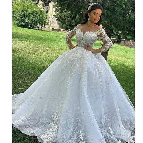 Vestido de novia musulmán de lujo 2025, elegante, de manga larga, con apliques de encaje, corte en A, ideal para bodas en la playa, fiestas de princesas, cuello redondo, modelo WD001