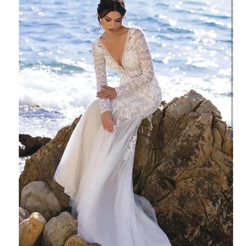 Robes de mariée sirène à manches longues, col en V, applications de dentelle, dos nu sexy, robes de mariée en tulle, traîne balayée