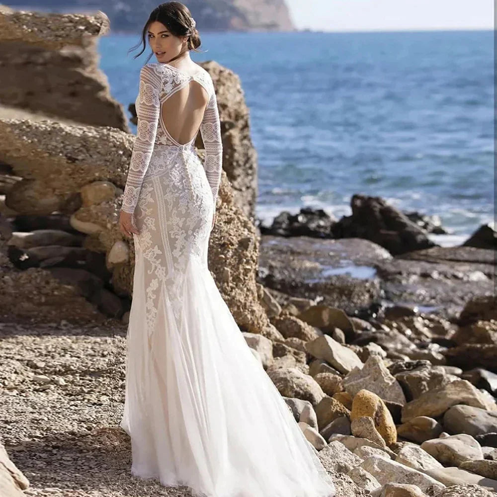 Vestidos de novia estilo sirena, manga larga, escote en V, apliques de encaje, espalda descubierta, tul, cola de barrido.