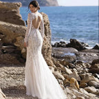 Vestidos de novia estilo sirena, manga larga, escote en V, apliques de encaje, espalda descubierta, tul, cola de barrido.