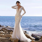 Vestidos de novia estilo sirena, manga larga, escote en V, apliques de encaje, espalda descubierta, tul, cola de barrido.