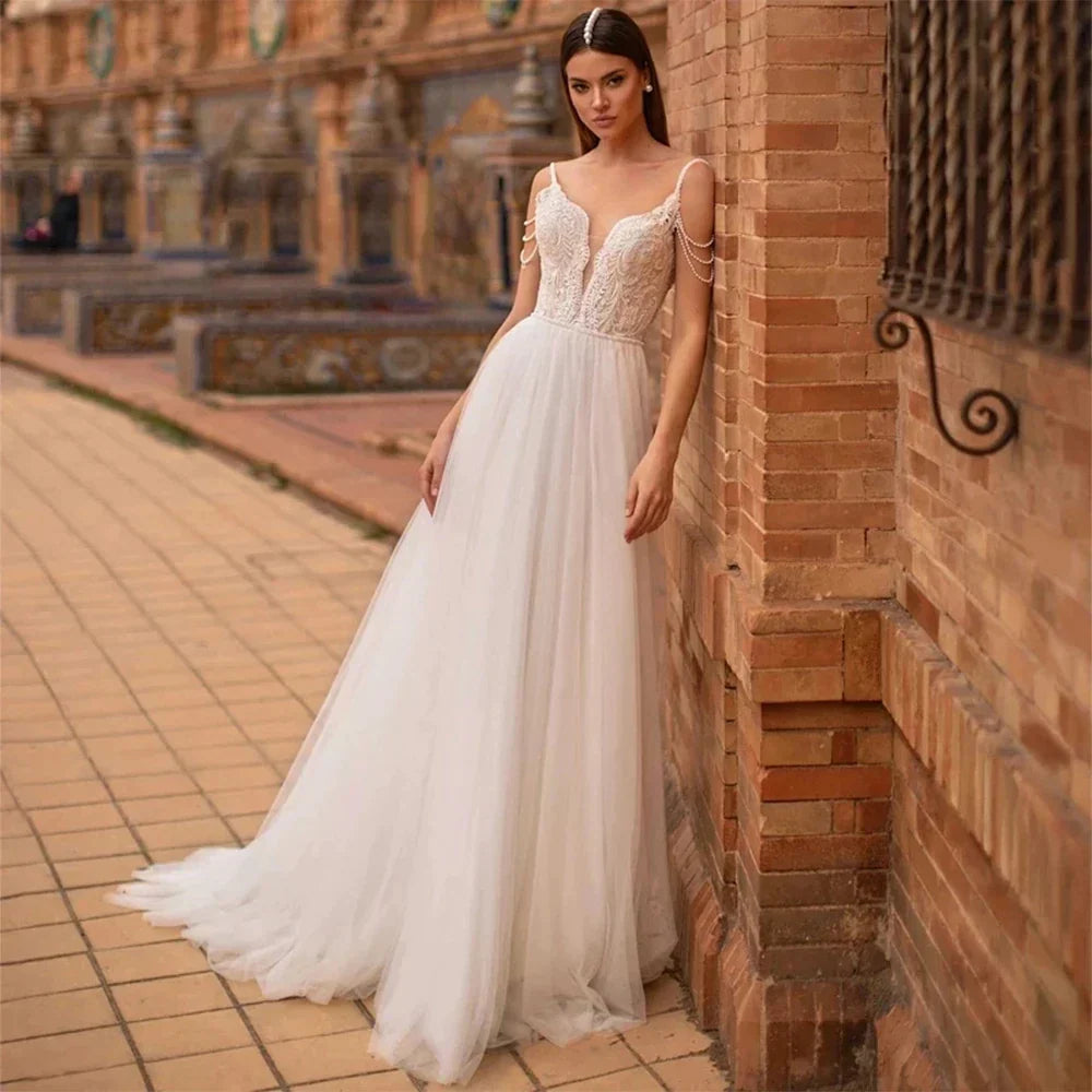 Vestidos de novia modernos con perlas y cadena, tul con apliques de encaje, para compromiso y fiesta nupcial. Vestidos de novia a medida.