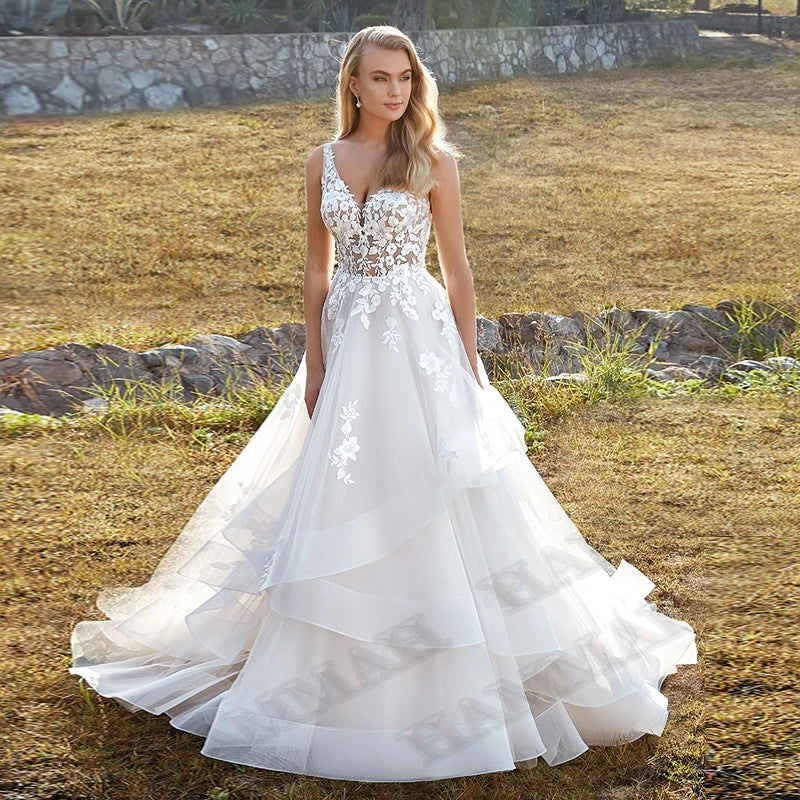 Modest Brush Train Wedding Dresses Brides Gown Tiered Appliques Backless Sposa Vestidos Bridal Party Suit Robe De Mariée