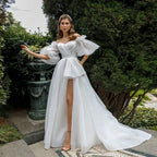 New Front Short Long Back Wedding Dresses Classic Short Sleeve Bride Dress With Train Wedding Gown Vestido De Noiva