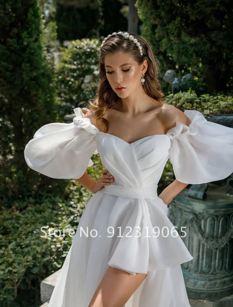 New Front Short Long Back Wedding Dresses Classic Short Sleeve Bride Dress With Train Wedding Gown Vestido De Noiva
