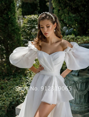 New Front Short Long Back Wedding Dresses Classic Short Sleeve Bride Dress With Train Wedding Gown Vestido De Noiva