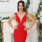 On Sale no return no refund Sale 2025 Red Deep V-Neck Sexy Evening Dresses Beading Sleeveless Bride Toasting Evening Gowns LA6680