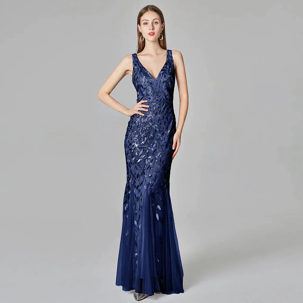 Robe de soirée élégante gris argenté, sexy et simple, col en V, dos nu, sans manches, brodée de perles, coupe sirène, SYP191 