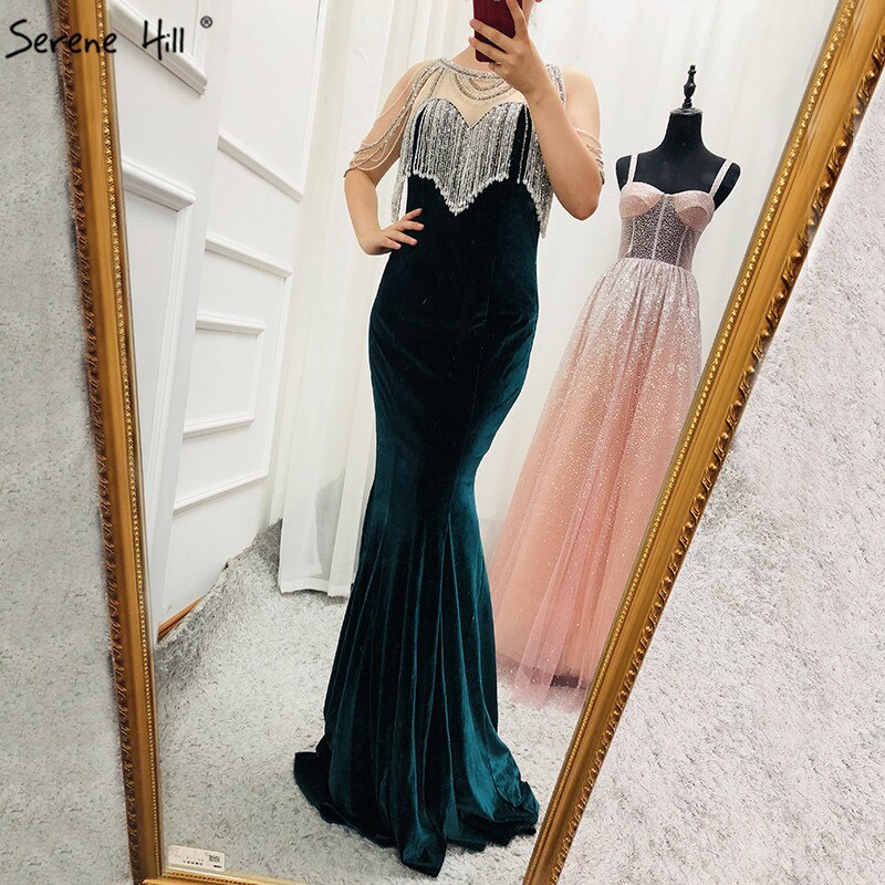 On Sale no return no refund Sale 2025 Sleeveless Beading Tassel Mermaid Evening Dresses New Red Velour Sexy Elegant Evening Gowns LA6586