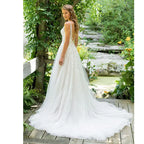 Vestido de novia corte A, escote en V, corpiño con apliques de encaje, vestido de novia a medida con cola de barrido 